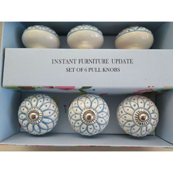 Instant Furniture Update Blue & White Geometric Ceramic Pull Knobs, Set Of 6 - Picture 1 of 9